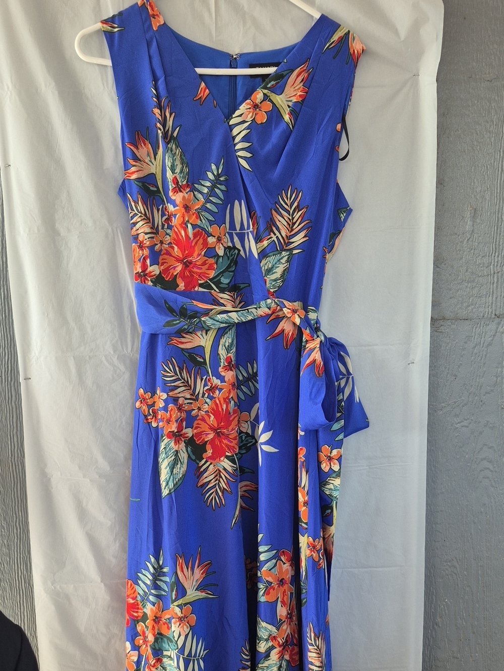 Tahari Royal Blue Floral Wrap Maxi Dress with Orange Accents